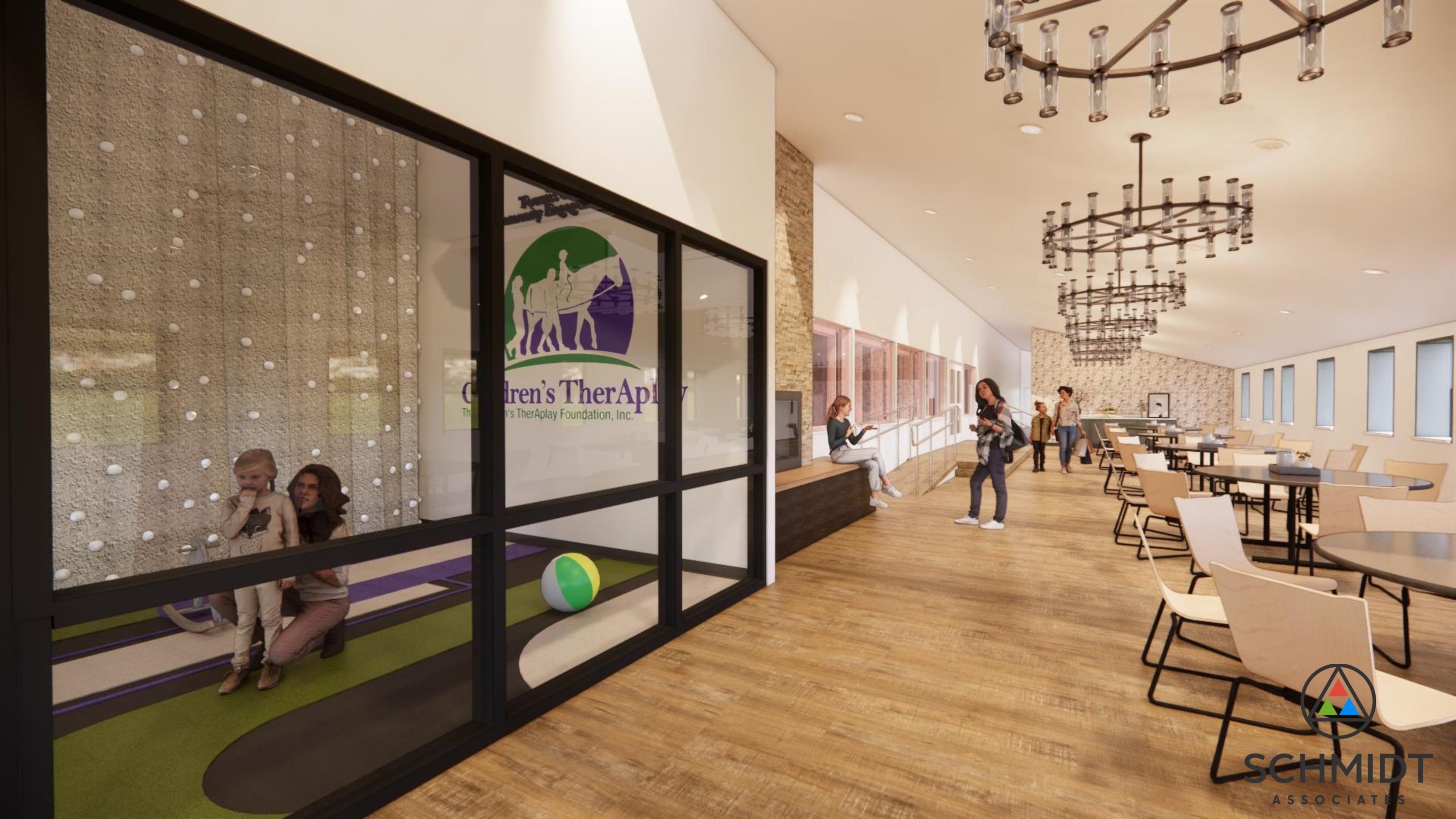 VIEW OF BOTH MAIN SPACES WITH FIXED RAILING